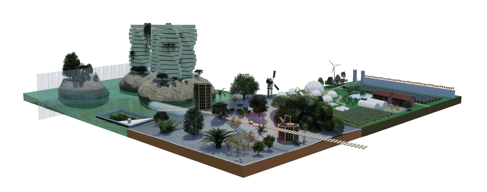 Three land pieces showing scenarios of mega cities, ecogenetic garden, green country wave