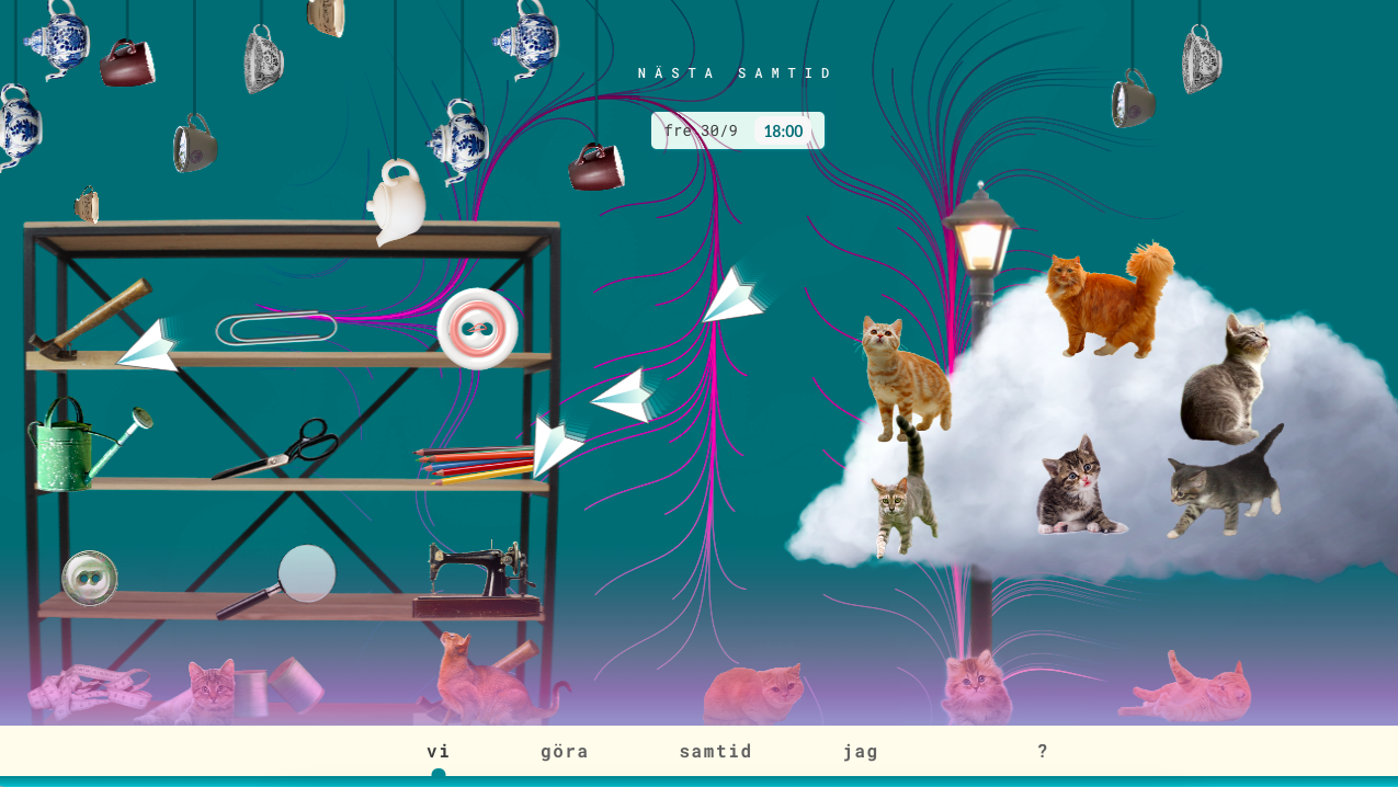 Snapshot of Myko species art work with cats, teapots and things representing realtime actions in the org.